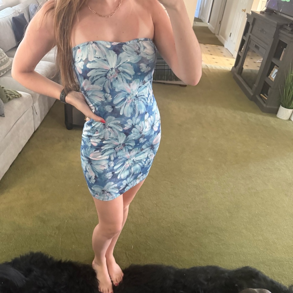 Floral Strapless Blue Bodycon Mini Dress - Picture 5 of 8
